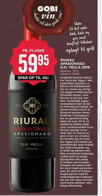 MENY Riurau apasionado d.o. yecla 2019 tilbud