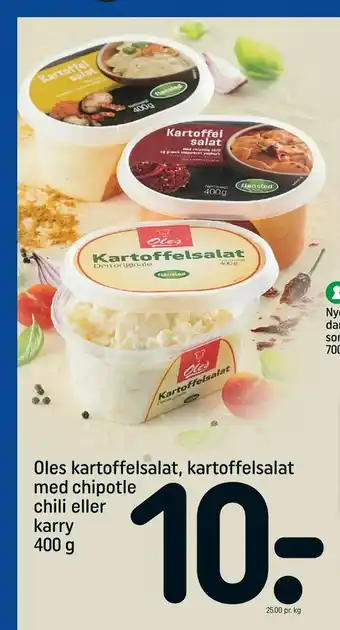 REMA 1000 Oles kartoffelsalat, kartoffelsalat med chipotle chili eller karry tilbud