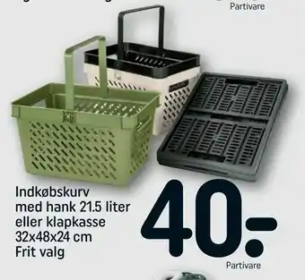 Indkøbskurv med hank 21,5 liter eller klapkasse 32x48x24 cm