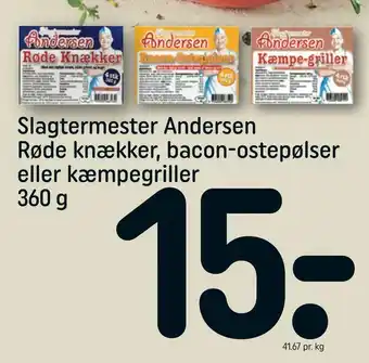 REMA 1000 Slagtermester Andersen Røde knækker, bacon-ostepølser eller kæmpegriller tilbud