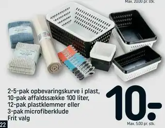 2-5-pak opbevaringskurve i plast, 10-pak affaldssække 100 liter, 12-pak plastklemmer eller 3-pak microfiberklude