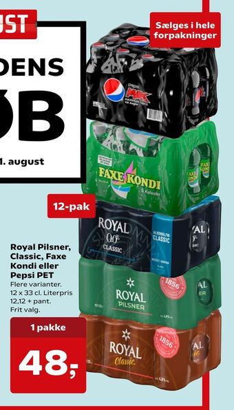 SuperBrugsen Royal pilsner, classic, faxe kondi eller pepsi pet tilbud
