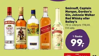 Smirnoff, captain morgan, gordon's gin, johnnie walker red whisky eller bailey's