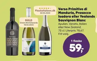 SuperBrugsen Verso primitivo di manduria, prosecco isadora eller yealands sauvignon blanc tilbud