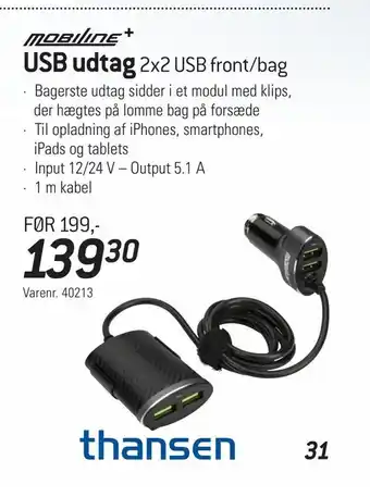 Thansen Usb udtag 2x2 usb front/bag tilbud