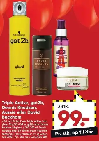 Bilka Triple active, got2b, dennis knudsen, aussie el. david beckham - 3 stk. tilbud