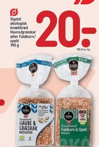 REMA 1000 Sigdal økologisk knækbrød havre/græskar el. fuldkorn/spelt tilbud