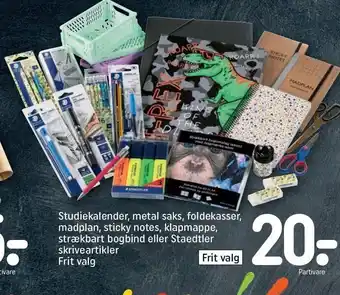 Studiekalender, metal saks, foldekasser, madplan, sticky notes, klapmappe, strækbart bogbind el. staedtler skriveartikler