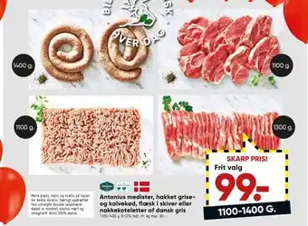 Bilka Antonius medister, hakket grise og kalvekød, flæsk i skiver eller nakkekoteletter af dansk gris tilbud