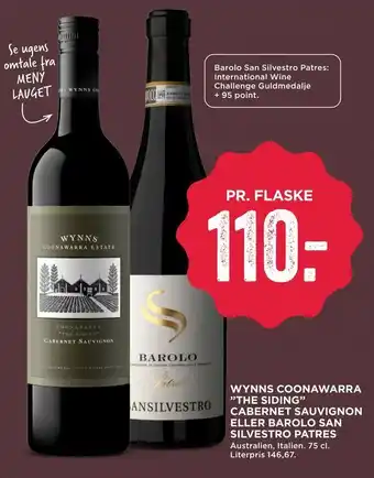 MENY Wynns coonawarra "the siding" cabernet sauvignon eller barolo san silvestro patres tilbud