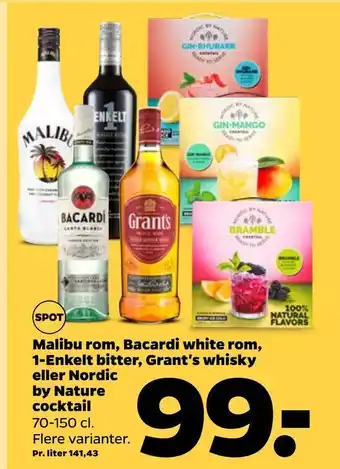 Netto Malibu rom, bacardi white rom, 1-enkelt bitter, grant's whiskey eller nordic by nature cocktail tilbud