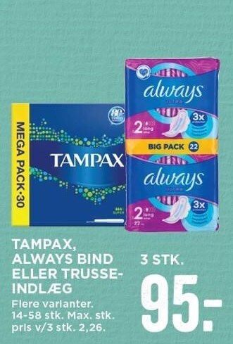 MENY Tampax, always bind el. trusseindlæg tilbud