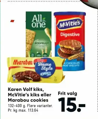 Bilka Karen Volf kiks, McVitie's kiks eller Marabou cookies tilbud