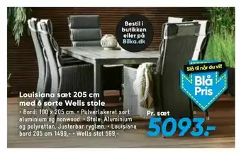 Bilka Louisiana sæt 205 cm med 6 sorte Wells stole tilbud