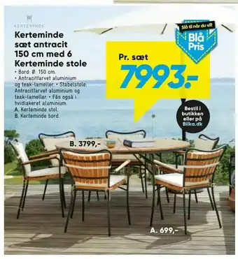 Bilka Kerteminde sæt antracit 150 cm med 6 Kerteminde stole tilbud