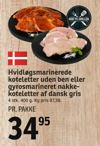 SPAR Hvidløgsmarinerede koteletter uden ben eller gyrosmarineret nakkekoteletter af dansk gris tilbud