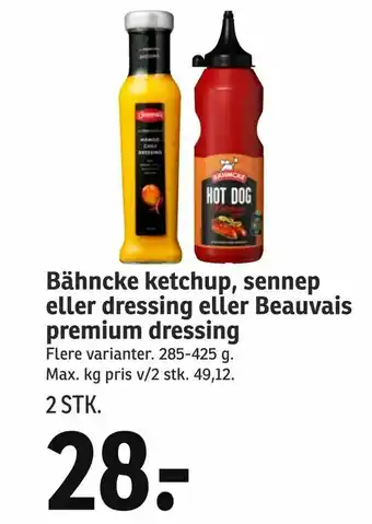 SPAR Bähncke ketchup, sennep eller dressing eller Beauvais premium dressing tilbud