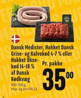 Min Købmand Dansk Medister, Hakket Dansk Grise- og Kalvekød 4-7 % eller Hakket Okse kød 14-18 % af Dansk Kødkvæg tilbud