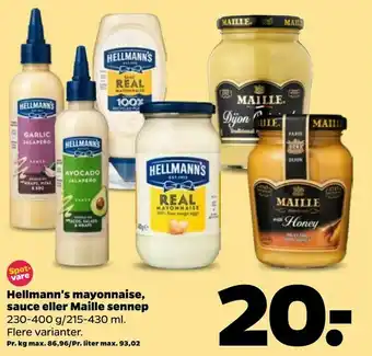 Netto Hellmann's mayonnaise, sauce eller Maille sennep tilbud