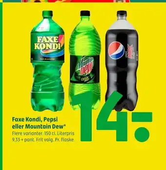 Coop 365 Faxe kondi, pepsi eller mountain dew tilbud