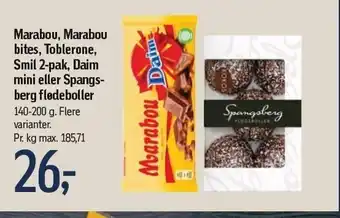 Føtex Marabou, marabou bites, toblerone, smil 2-tak, daim mini el. spangsberg flødeboller tilbud