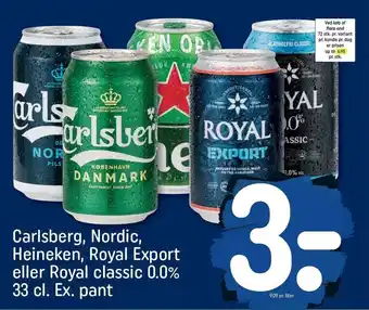 REMA 1000 Carlsberg, nordic, heineken, royal export el. royal classic 0,0. % 33cl tilbud