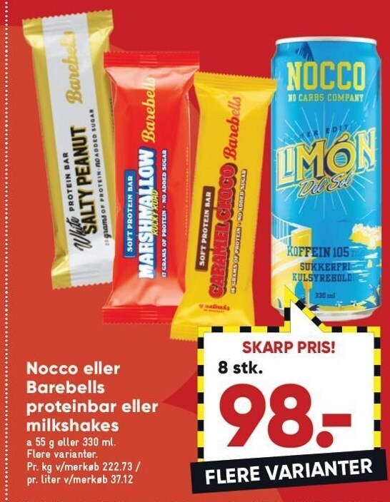 Nocco el. barebells proteinbar el. milkshakes tilbud hos Bilka