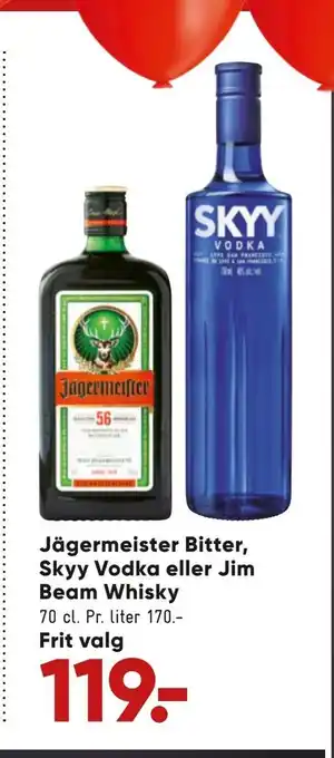 Bilka Jägermeister bitter, skyy vodka eller jim beam whisky tilbud