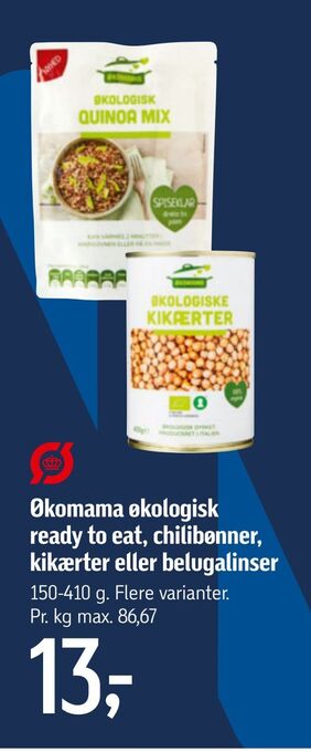 Økomama økologisk ready to eat, chilibønner, kikærter eller belugalinser