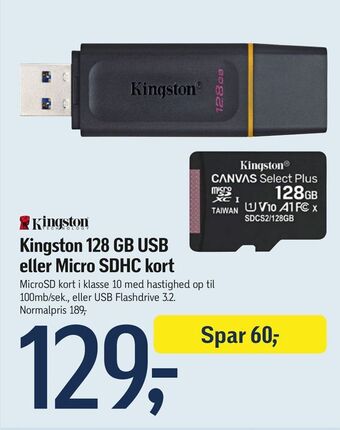 Føtex Kingston 128 gb usb eller micro sdhc kort tilbud