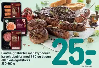 REMA 1000 Danskee grillbøffer m. krydderier kalvekrobøffer m. bbq og bacon el. kalvegrillstciks tilbud