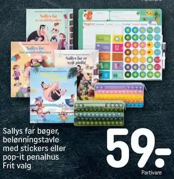 REMA 1000 Sallys far bøger, belønningstavle m. stickers el. pop-it penalhusu tilbud