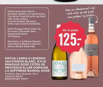 MENY Matua Lands & Legends Sauvignon Blanc Kylie Minoque Rosé Côtes de Provence Eller Domaine La Suffrene Bandol Rosé tilbud