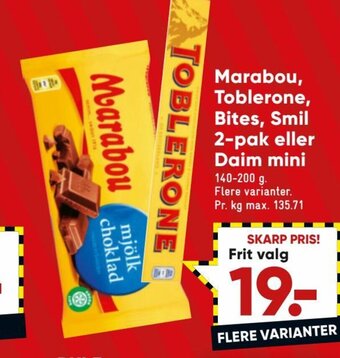 Bilka Marabou, Toblerone, Bites, Smil 2-pak eller Daim Mini tilbud