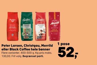 Kvickly Peter larsen, christgau, merrild eller black coffee hele bønner tilbud