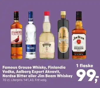 Kvickly Famous grouse whisky, finlandia vodka, aalborg export akvavit, nordsø bitter eller jim beam whiskey tilbud