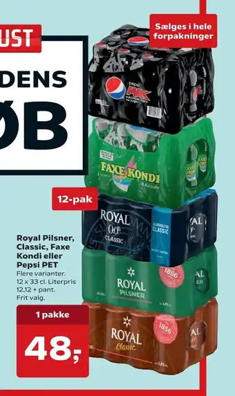 Kvickly Royal pilsner, classic, faxe kondi eller pepsi pet tilbud