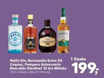 Kvickly Malfy gin, normandin extra xo cognac, pampero aniversario rom eller glenlivet 12 års whisky tilbud