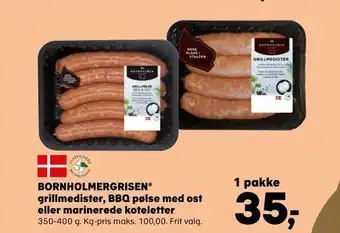 SuperBrugsen Bornholmergrisen® grillmedister, bbq pølse med ost eller marinerede koteletter tilbud