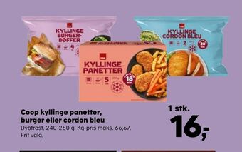 SuperBrugsen Coop kyllinge panetter, burger eller cordon bleu tilbud