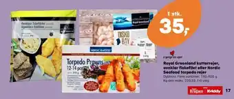 SuperBrugsen Royal greenland kutterrejer, ovnklar fiskefilet eller nordic seafood torpedo rejer tilbud