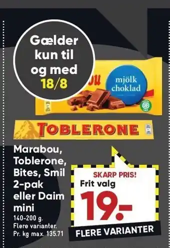 Bilka Marabou, toblerone, bites, smil 2-pk el. daim mini tilbud