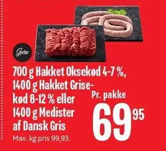 Min Købmand 700 g hakket oksekød 4-7 %, 1400 g hakket grisekød 8-12 % el. 1400 g medister af dansk gris tilbud