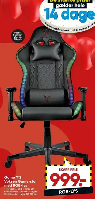Bilka Game y's voksen gamerstol med rgb-lys tilbud