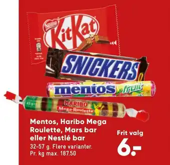 Bilka Mentos, haribo mega roulette, mars bar eller nestlé bar tilbud