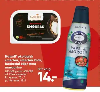 Bilka Naturli' økologisk smørbar, smørbar blok, bakkedal eller ama margarine tilbud