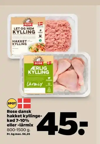 Netto Rose dansk hakket kyllingekød 7-10% eller -lårmix tilbud
