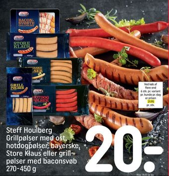 REMA 1000 Steff houlberg grillpølser med ost, hotdogpølser, bayerske, store klaus eller grill pølser med baconsvøb tilbud