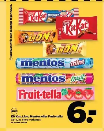Kit kat, lion, mentos el. fruit-tella