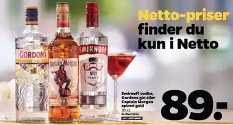 Netto Smirnoff bodka, gordons gin el. captain morgan spiced gold tilbud